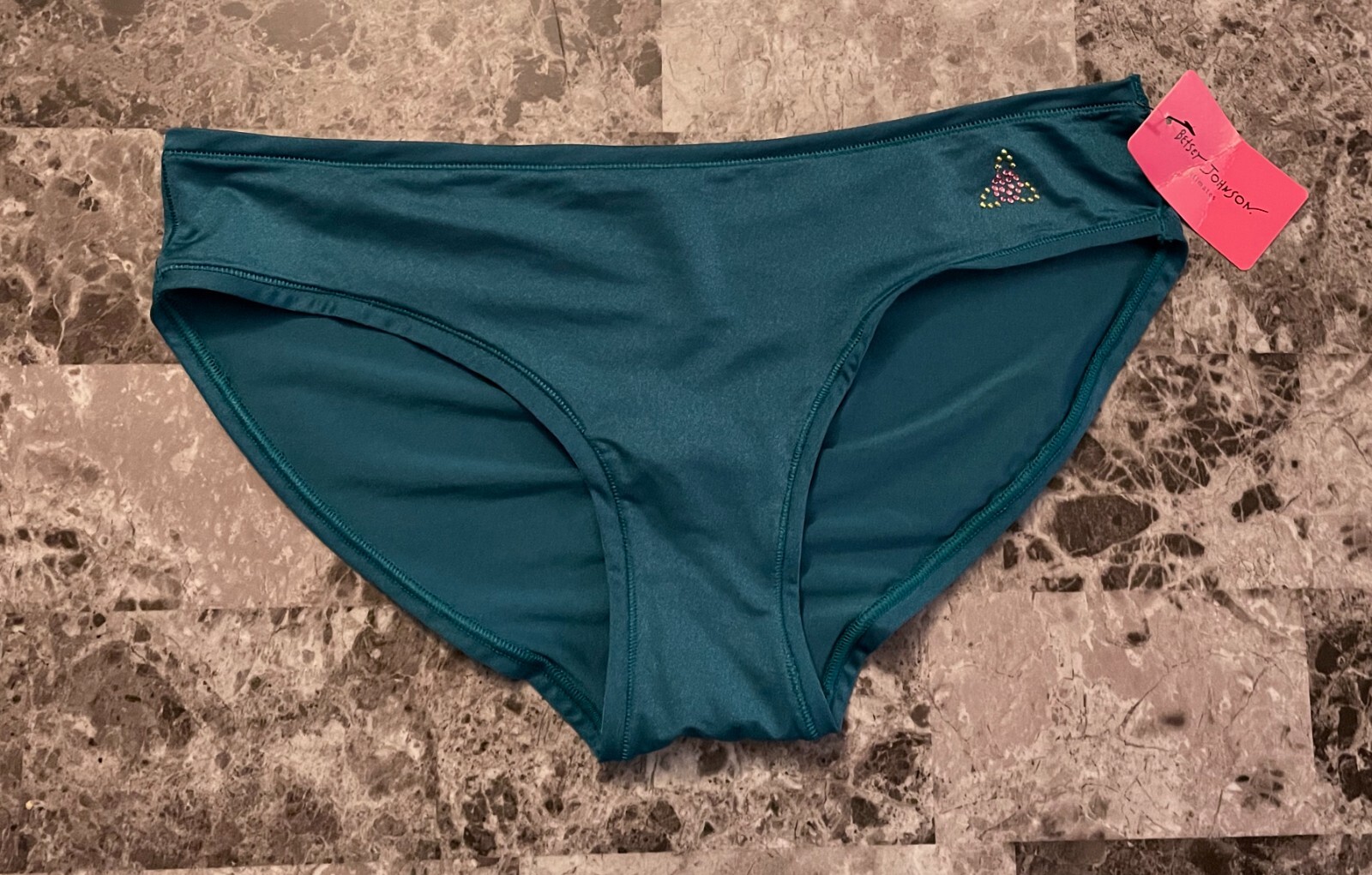 NWT BETSEY JOHNSON M BLUE SMOOTH RHINESTONE FLOWER RUCHED RARE BIKINI PANTIES
