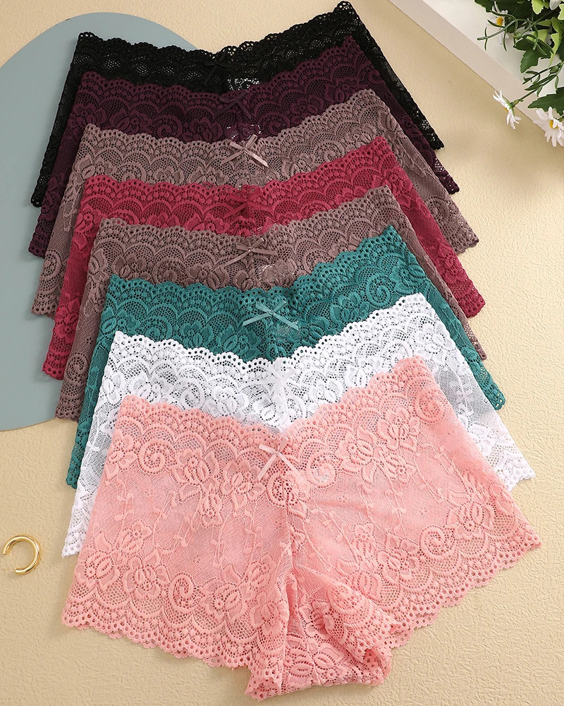 Boyshort Panties Lace Floral Low Waist Stretch Breathable Underwear 8PCS Women