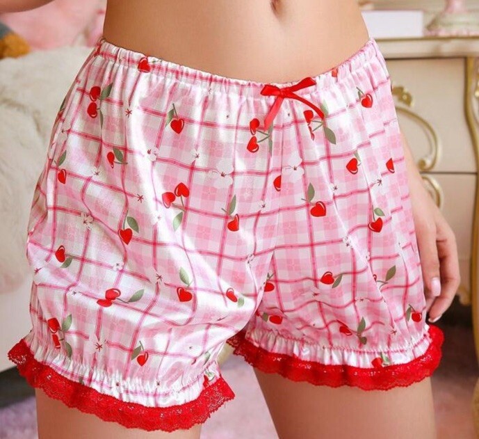 Adorable White & Red Glossy 🍒 Satin Bloomers Frily Lacy Brief Pantie XL New