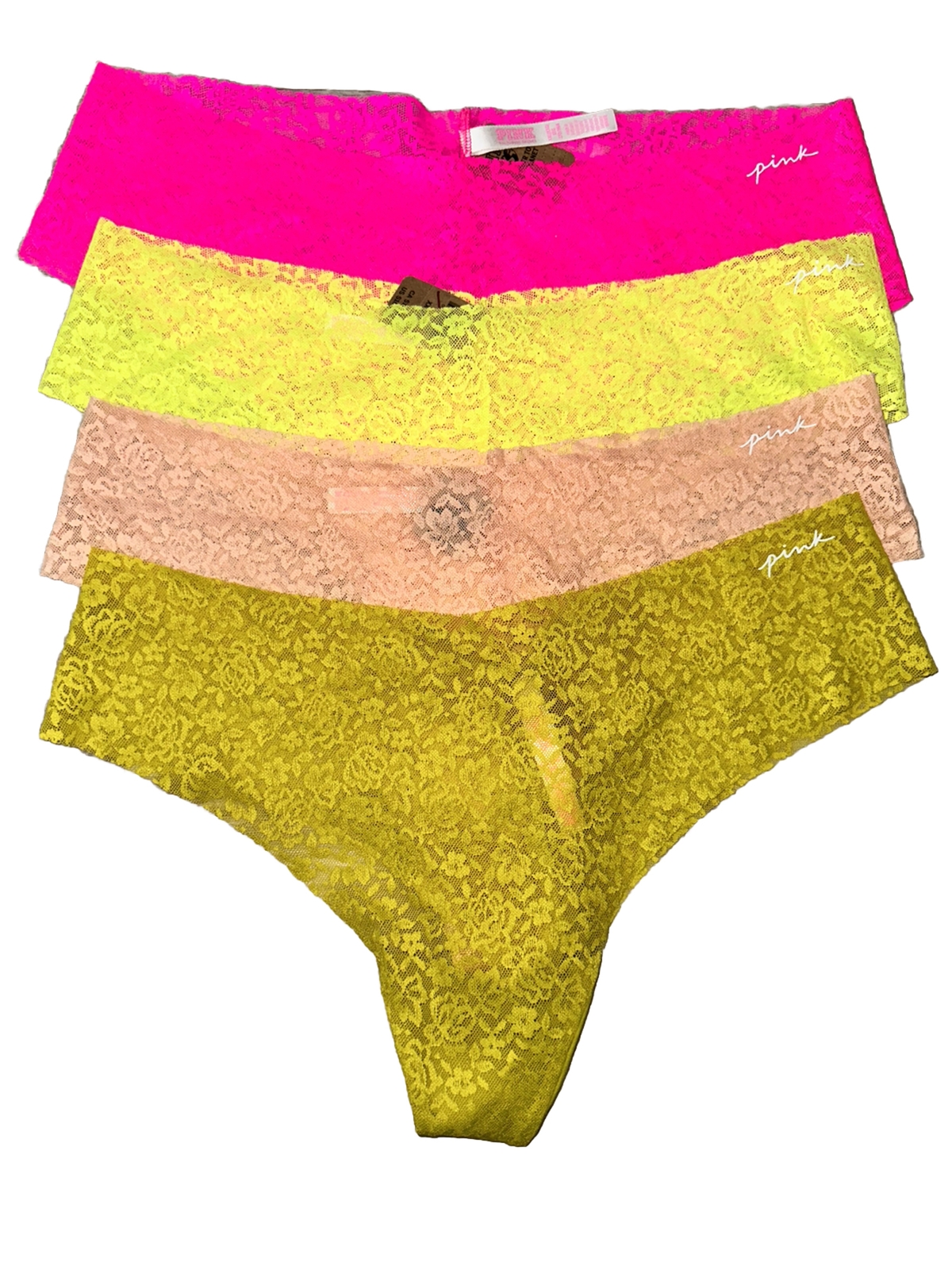 Victoria’s Secret PINK 4 pairs Size 2X lace panties Pink, Green, Yellow & Peach
