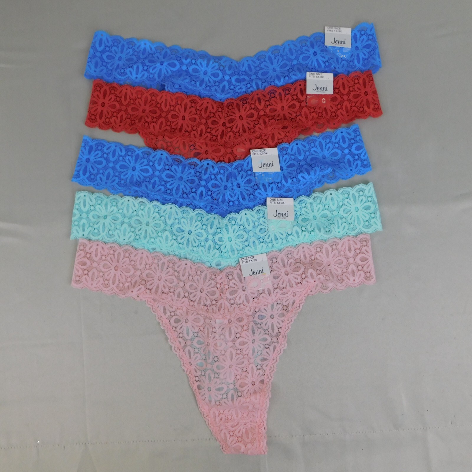 5pc Lot Jenni Nylon Floral Stretch Lace Everyday Thong Panties Plus Size