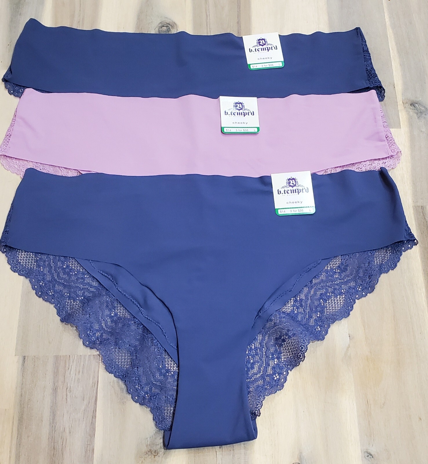B.tempt’d by Wacoal Women’s B.bare Cheeky Panty, Size Large 3 Pack Blue/Lilac