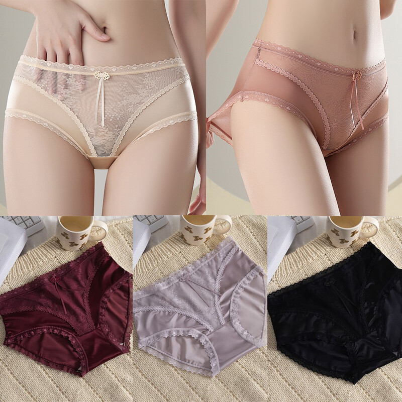 Pack Of 5 Womens Sexy Satin Panties Underwear Lingerie Sheer Lace Brief Intimate