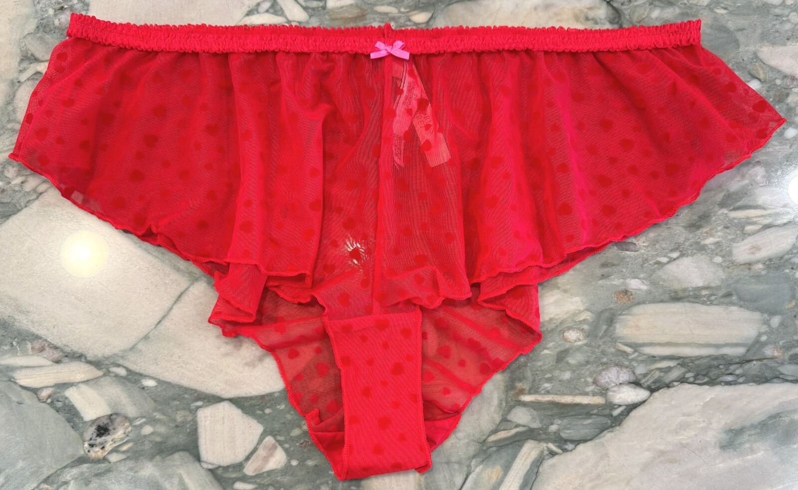 NEW Victoria Secret Sheer Mesh Velvet Hearts Ruffle Shortie – Lipstick Red – XL
