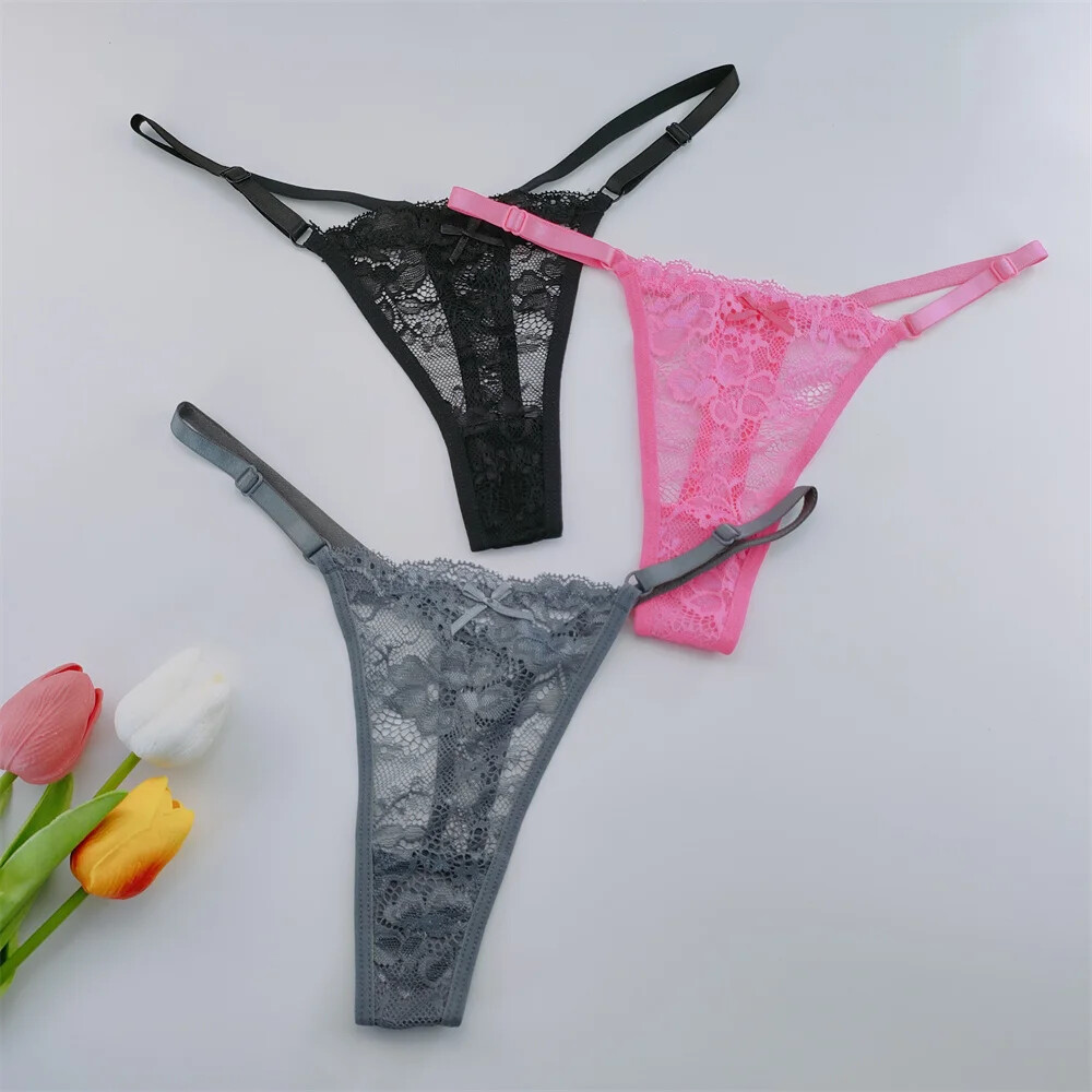 3Pcs Lace Thongs Sexy Transparent Underwear Fashion Women Lace Low Waist Panties