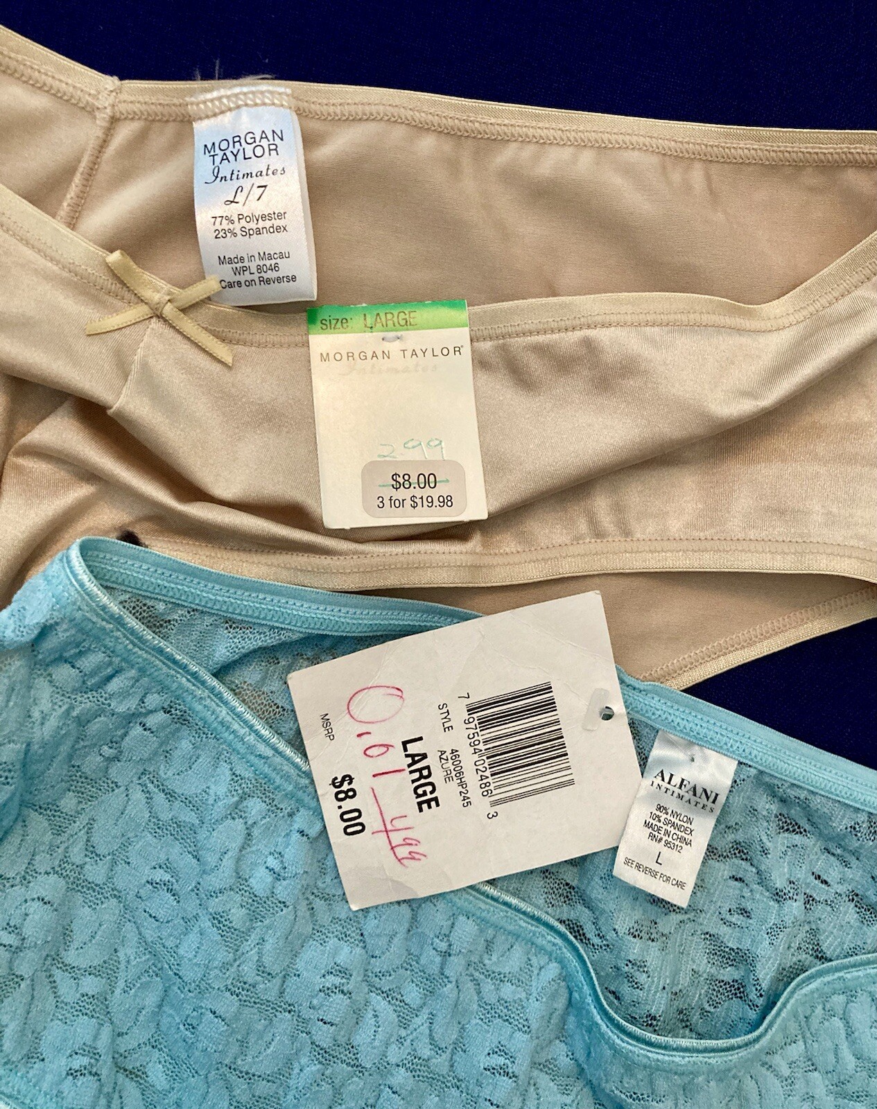 2 Hipster Panties sz L Alfani Blue sheer lace Morgan Taylor Nude solid
