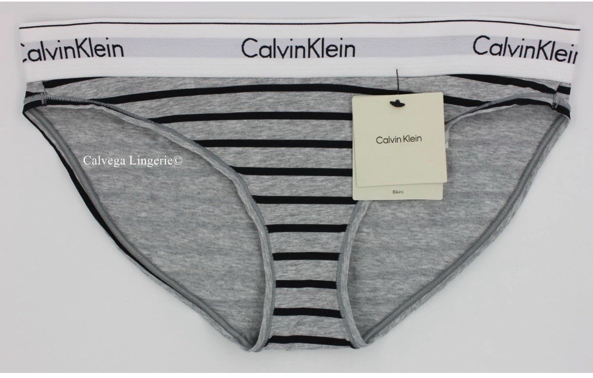 NWT Calvin Klein F3787 “Modern” Logo Cotton Bikini, Gray w/ Black Stripes Size S