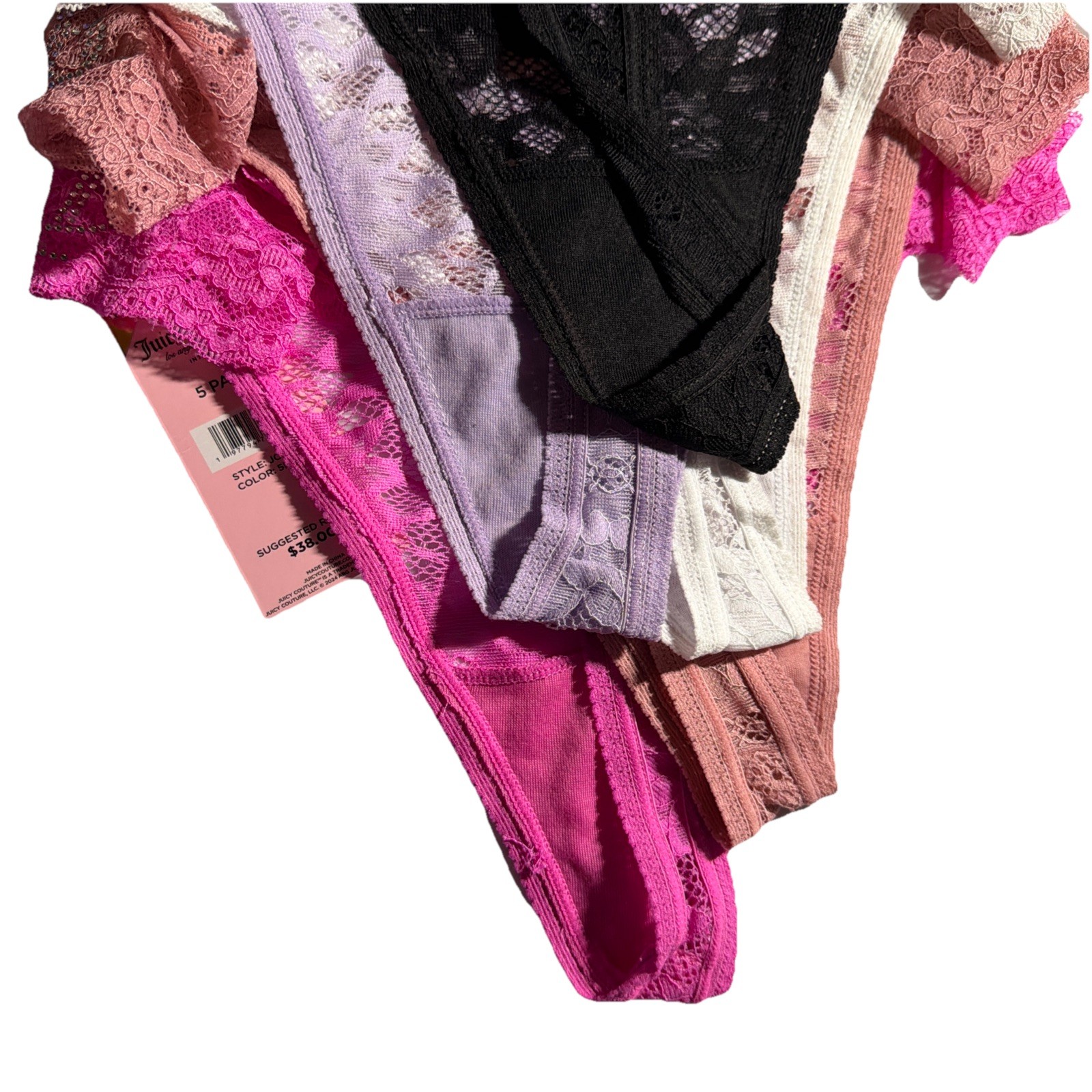 JUICY COUTURE Sz: XL -5 Pack Lace Thongs Rhinestone Detail 90% Nylon-10% Spandex
