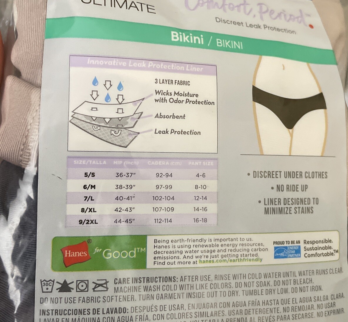 Hanes Ultimate BIKINIS Light Comfort Period Protection 3-Pack Panties Size 8/XL