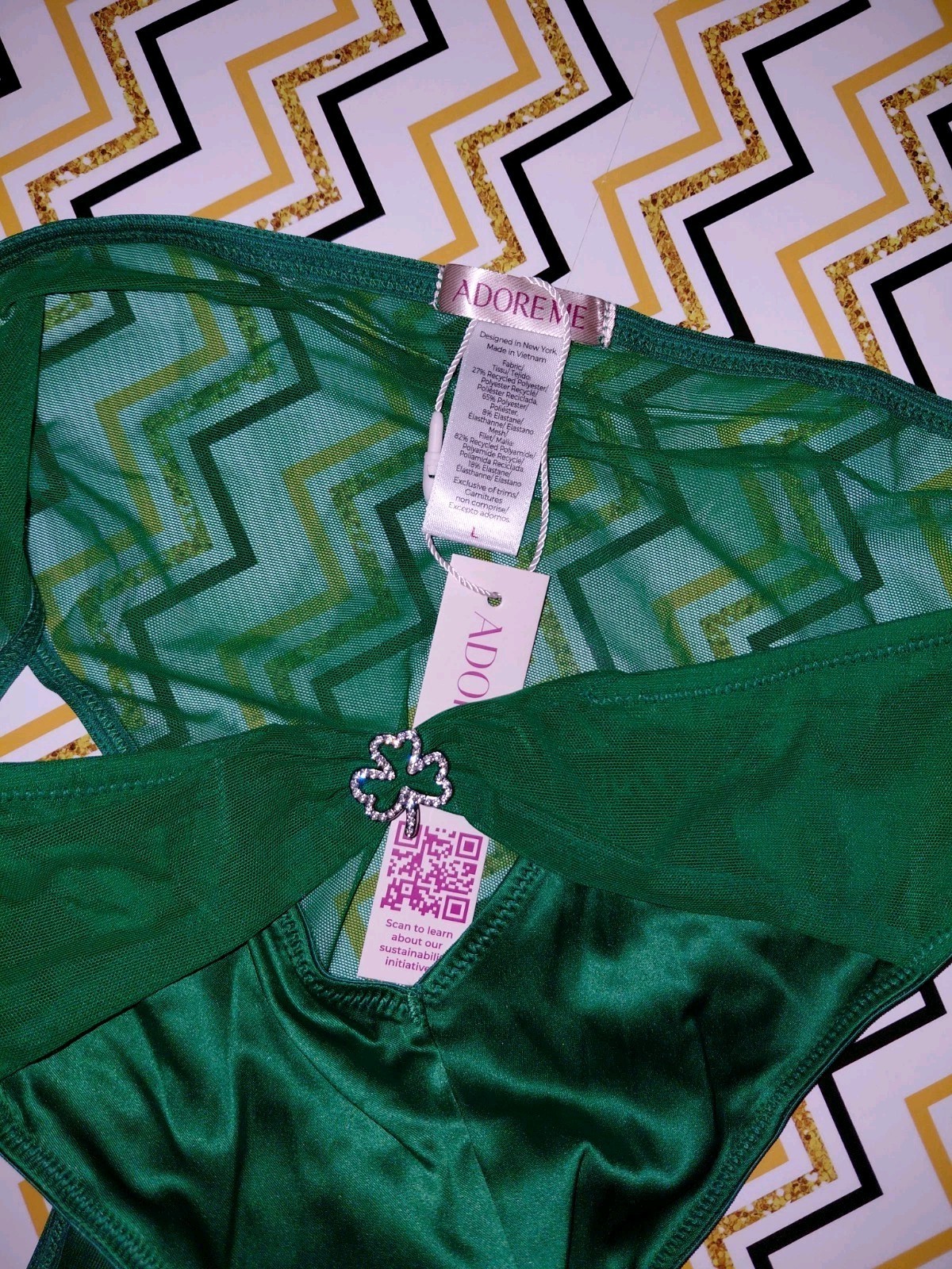 Adore Me/VS Mesh Ruched Bk Shamrock Charmed Cheeky Panty NEW Green Large