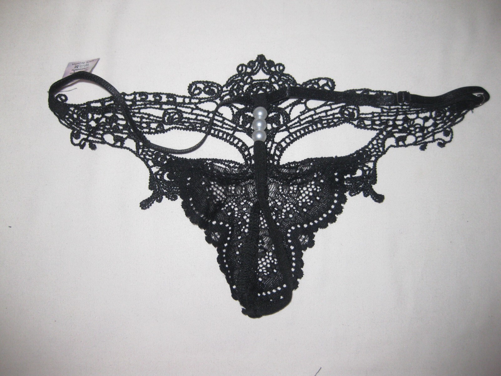 Shein goth elegant ornate lace front faux pearl decor g-string panties S black