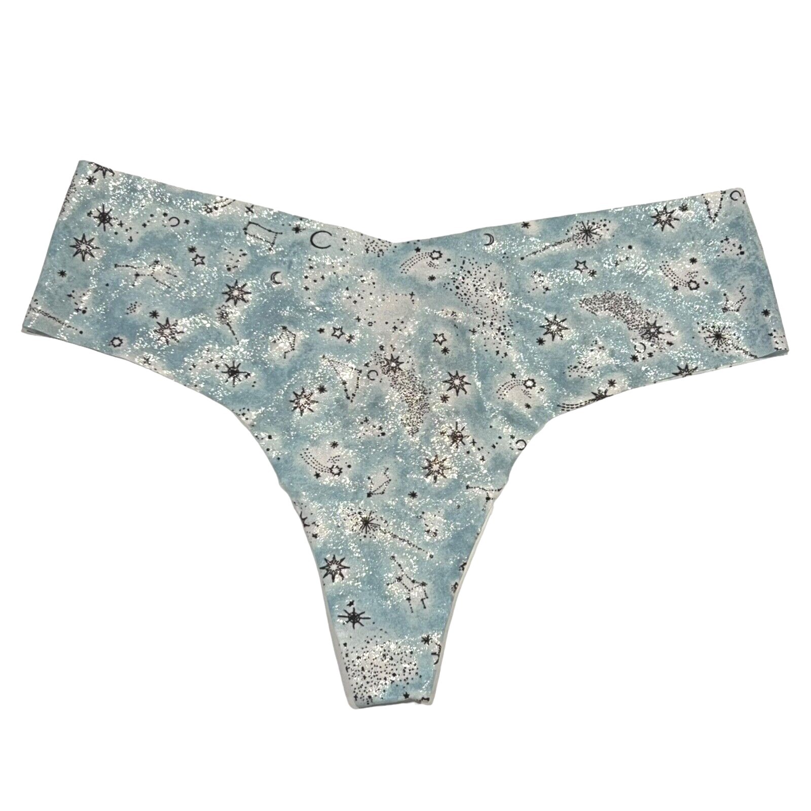 NWT VICTORIA’S SECRET No Show Thong Sz S-M-L-XL Light Blue Shimmer Stars Moons