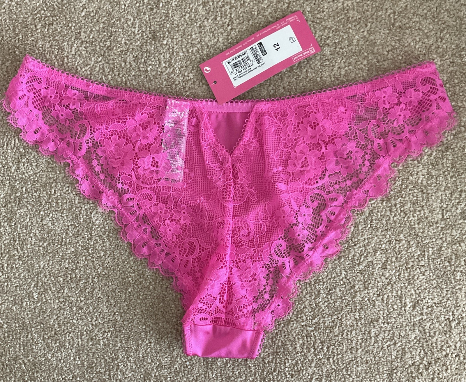 M&S Size 12 Boutique Aleksandra Satin Lace Brazilian Knickers Neon Pink Diamanté
