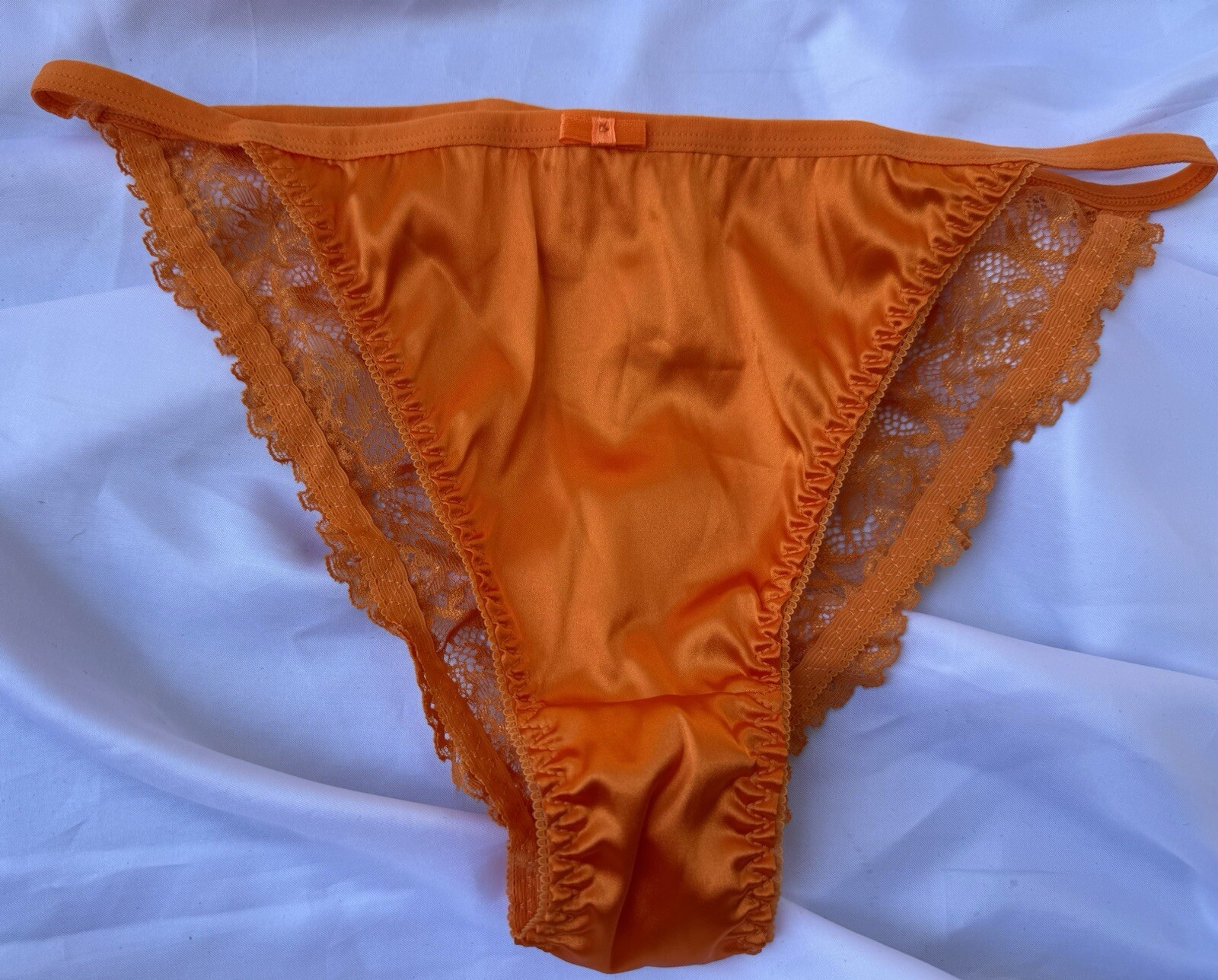 Bright Fall Orange Satin String Bikini Panties Delicate Lace Back Sz Medium