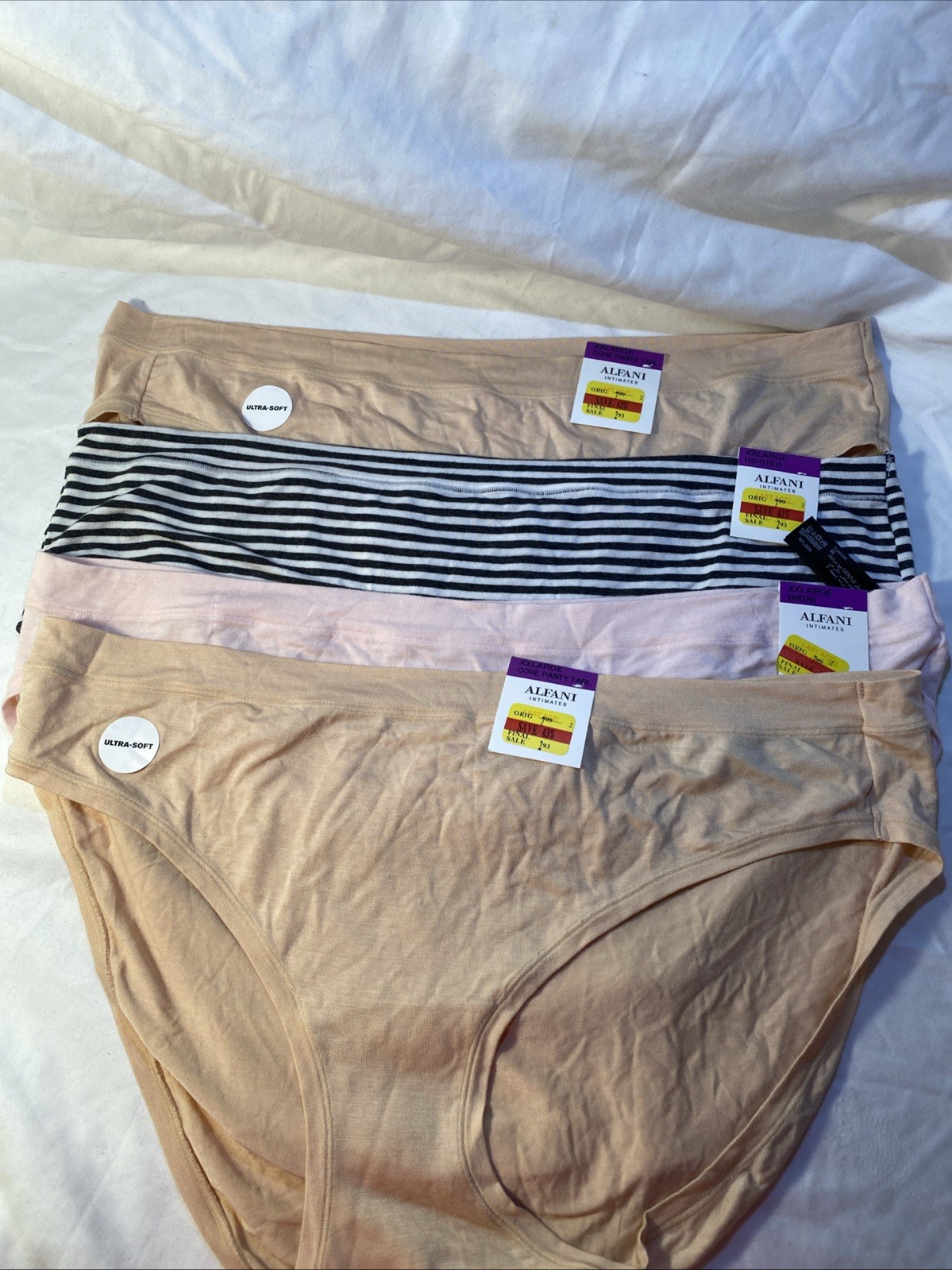 Lot Of 4 Alfani Womens 2X Ultra Soft Bikini Panties 2-Ivory 1-Pink 1-stripe NWT