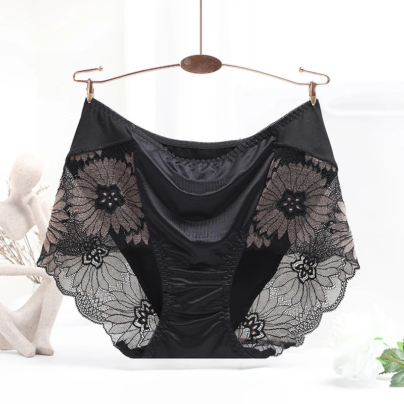 Mid Rise Lace Panties Women’s Floral Embroidery Satin Soft Briefs Underwear