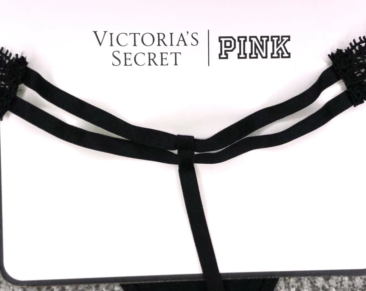 Victoria’s Secret NWT Very Sexy Large Black V String Thong Panty Rose Lace Metal