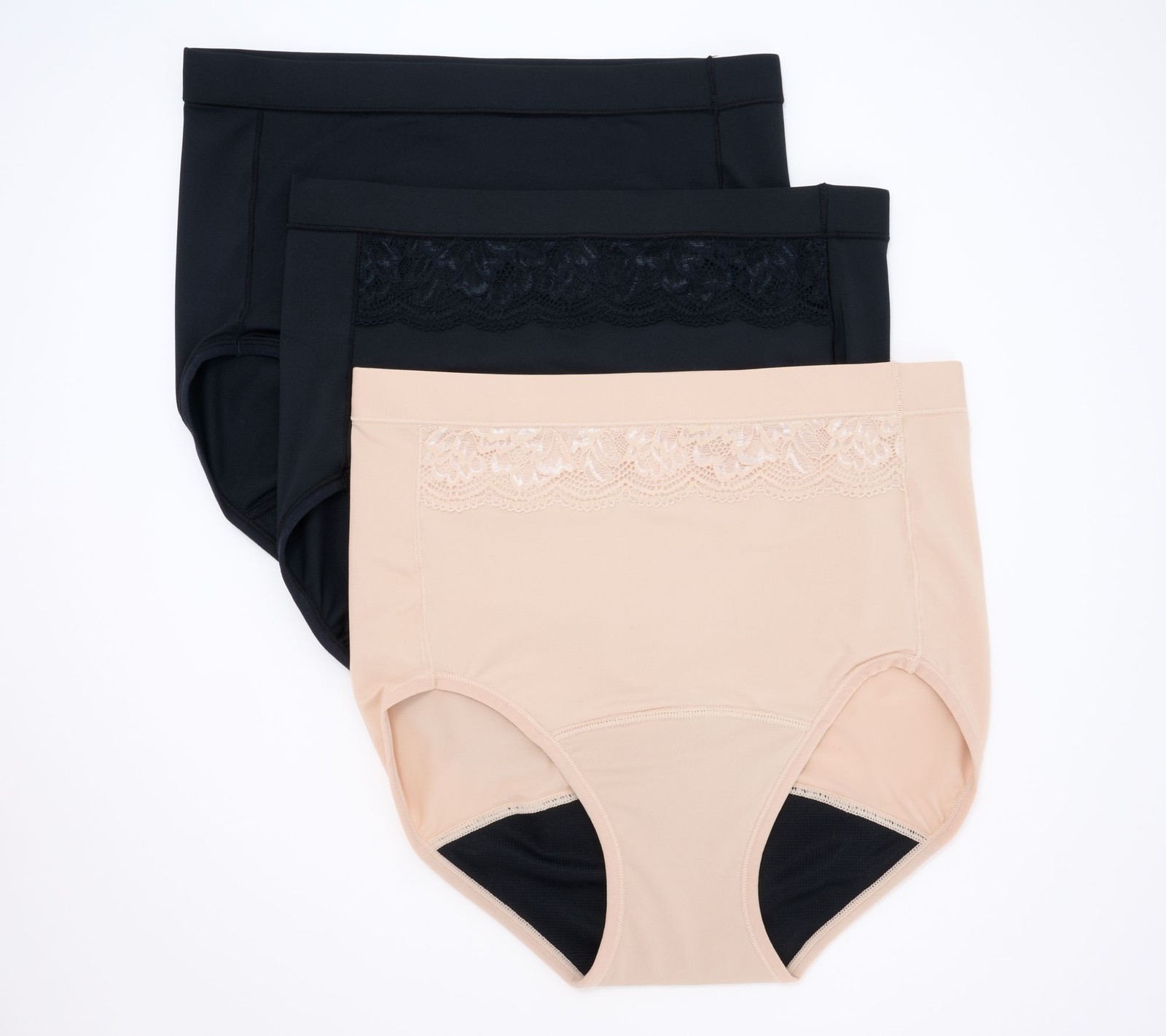 Breezies Natural Curve Leak Proof Full Brief Panty Set of 3 Sun/Black/Black S Ne