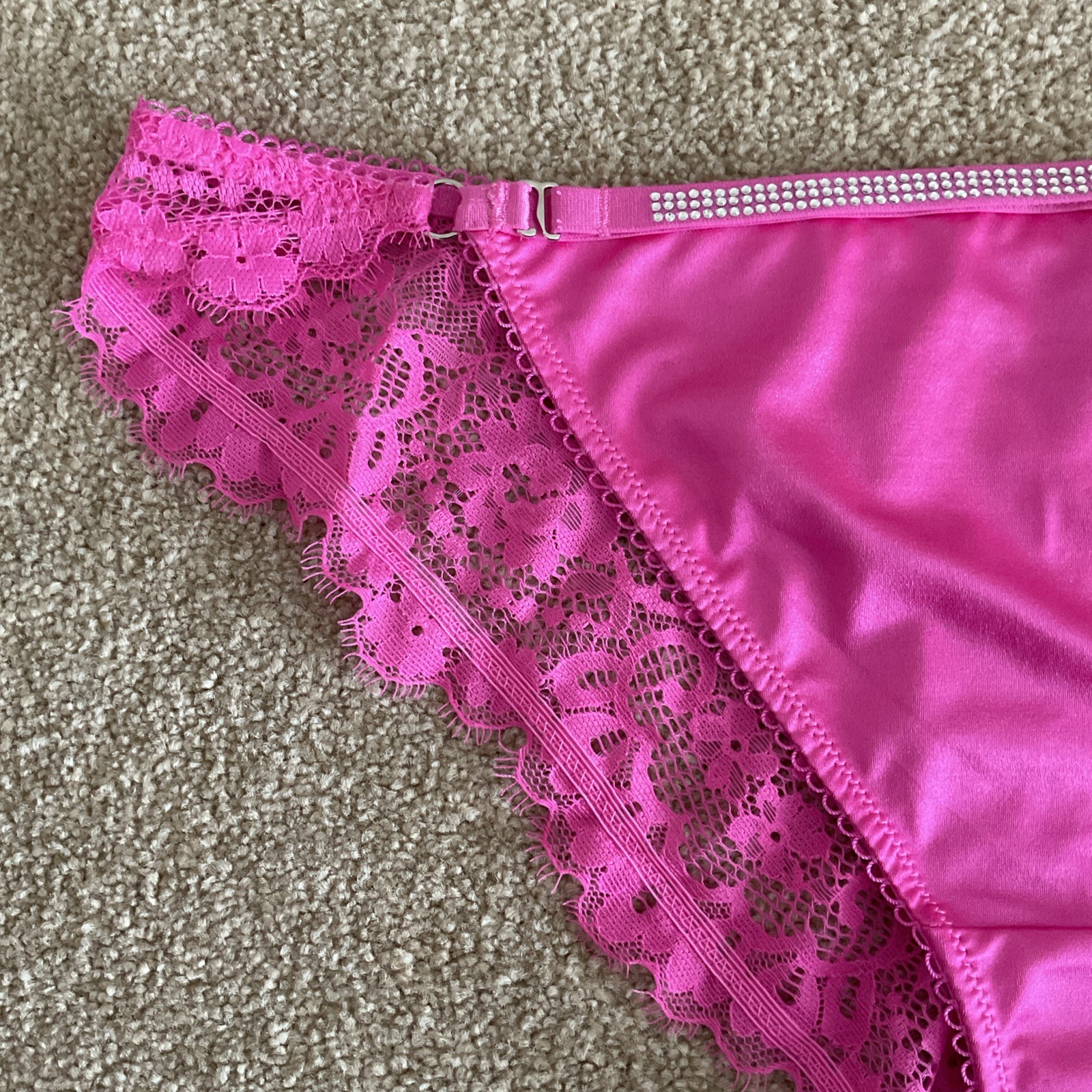 M&S Size 12 Boutique Aleksandra Satin Lace Brazilian Knickers Neon Pink Diamanté