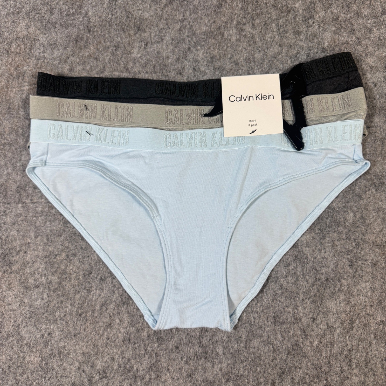 Calvin Klein Womens 3 Pack Cotton Stretch Bikini Panties Blue Gray Black M