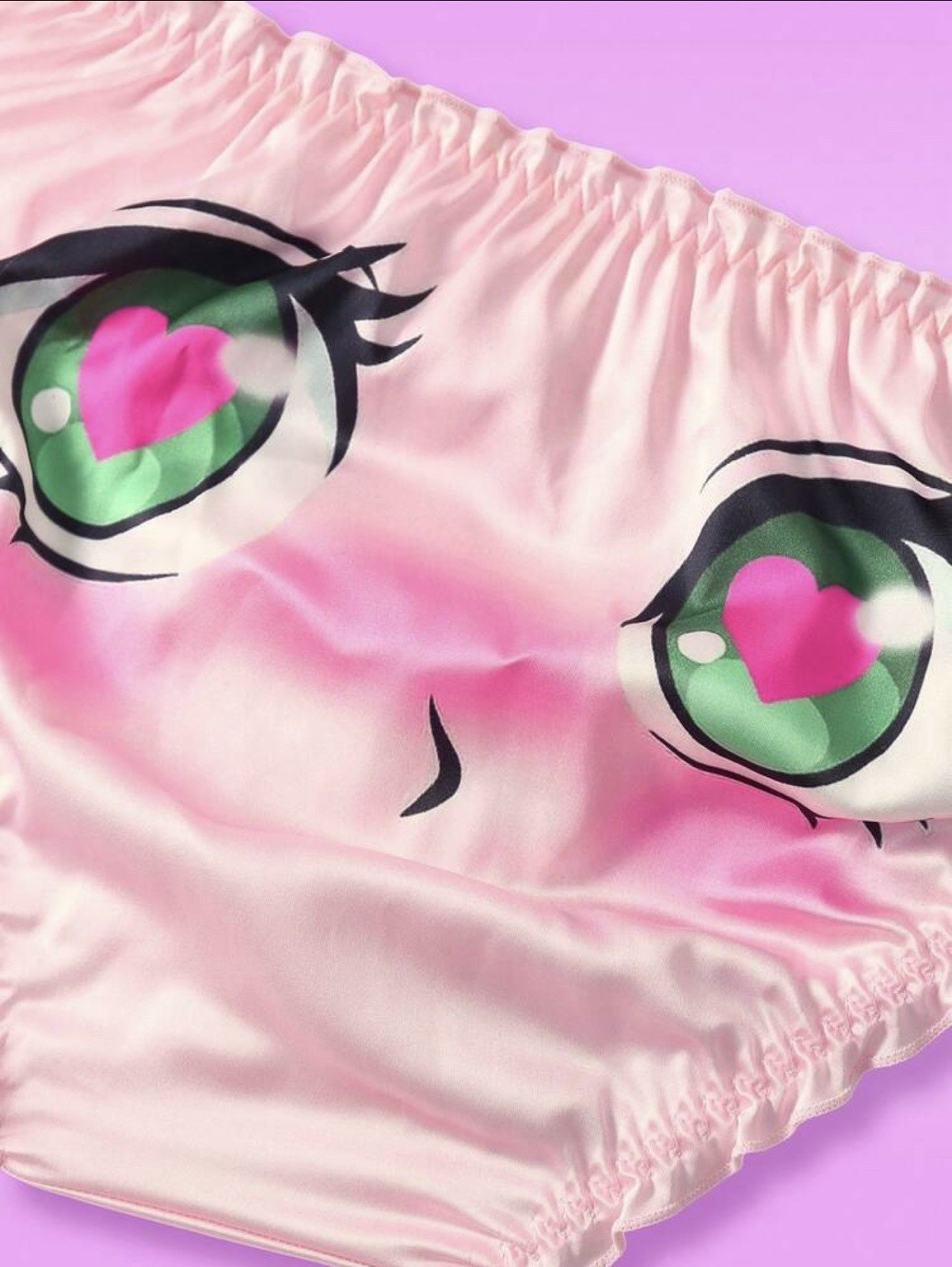 NEW XL Glossy Pink Ruffle Edge Cartoon Anime Eyes Theme Satin Bikini Panties