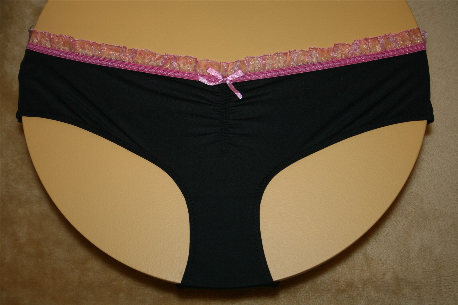 Midnight Black Brief w Pink Polka Dotted Ruffled Lace Band & Bow – No Size