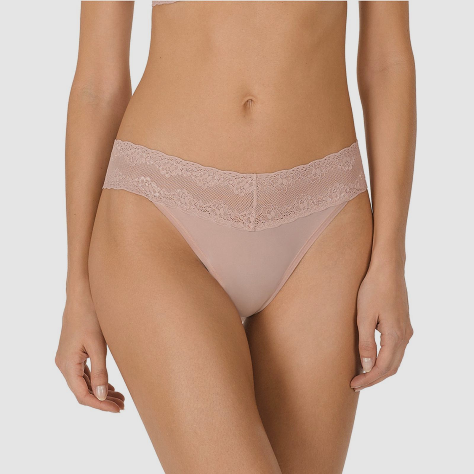 $21 Natori Women Pink Lace Trim Bliss Perfection Stretchy Thong Panties Size OS