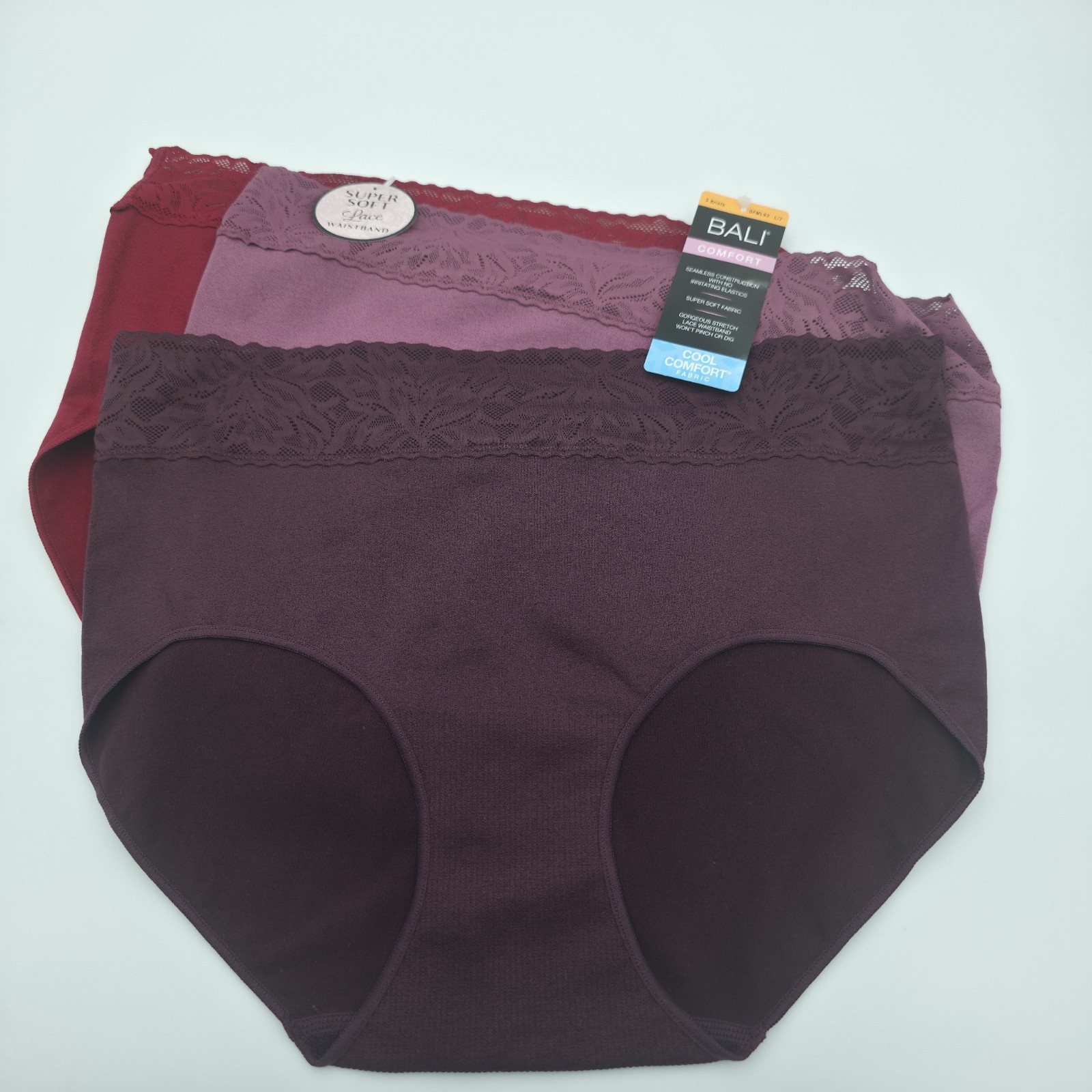 Bali Comfort Briefs Panties Womens 7/L 3 Pack Wine Lace Waistband DFMLH3