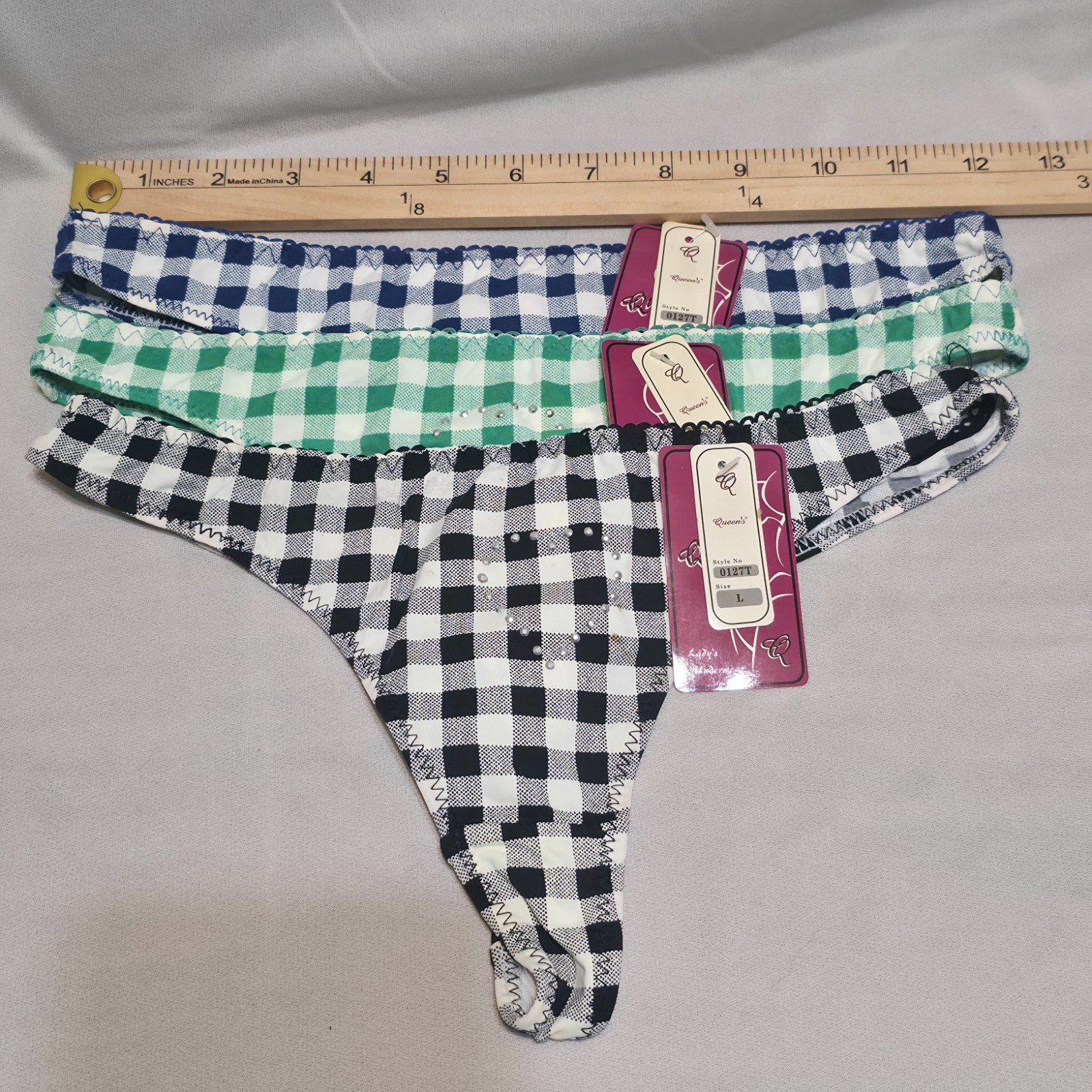 3 Queen’s Lady’s Thong Checkerd Heart Studded Panties Underwear Size Large NWT