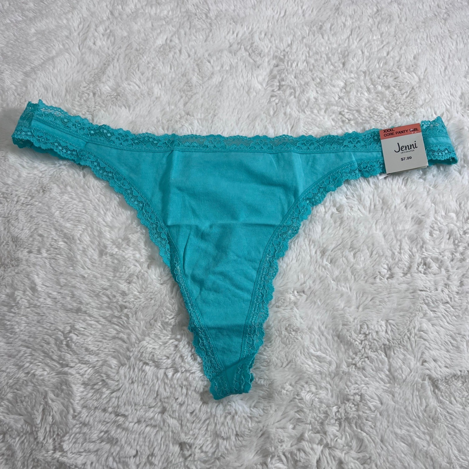 Jenni Intimates Women’s Ocean Aqua Lace Trim Thong Panty Size XXXL 100110139 NWT
