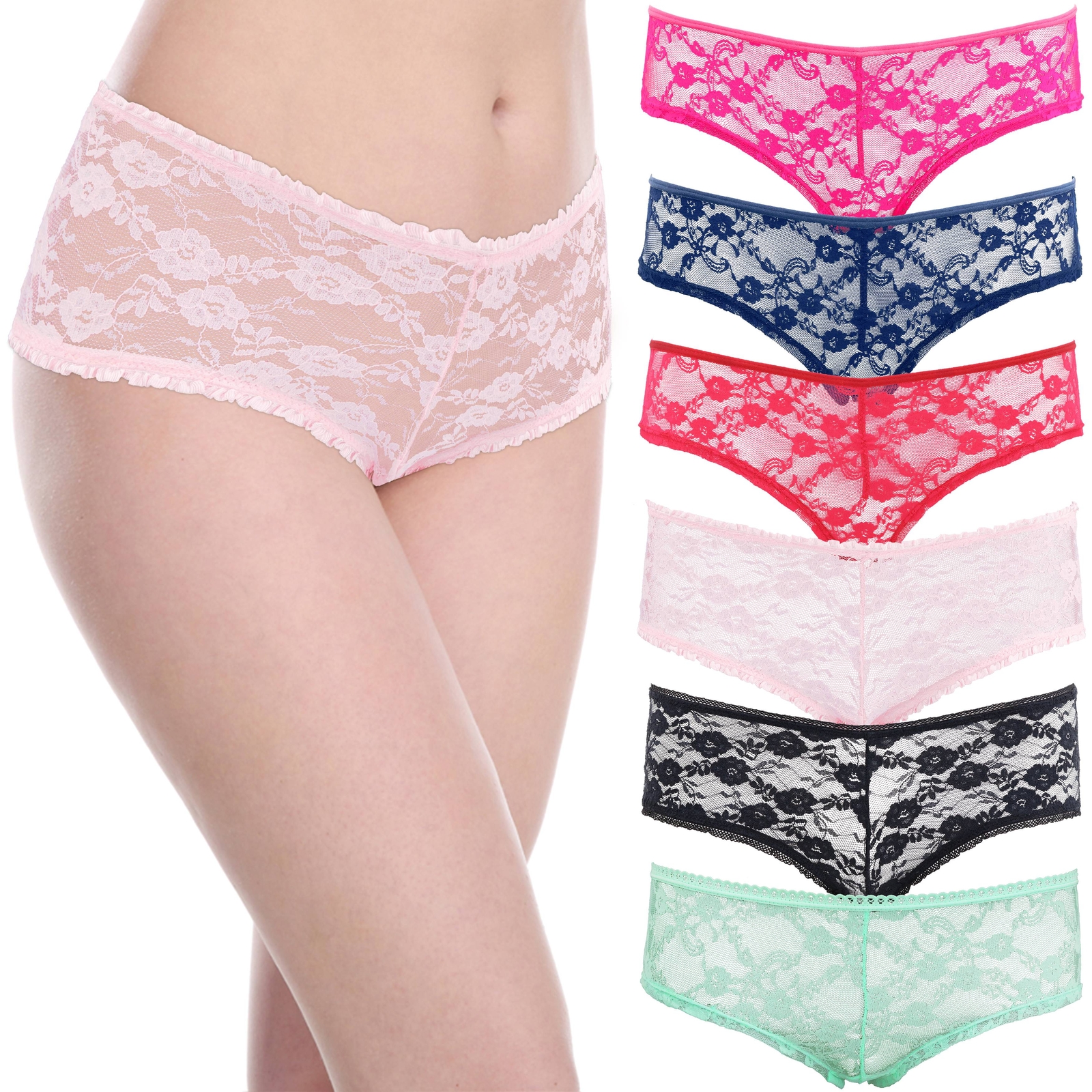 Women’s Sexy Lace Bikini Boyshort Hipster Briefs Panties Underwear-6PK