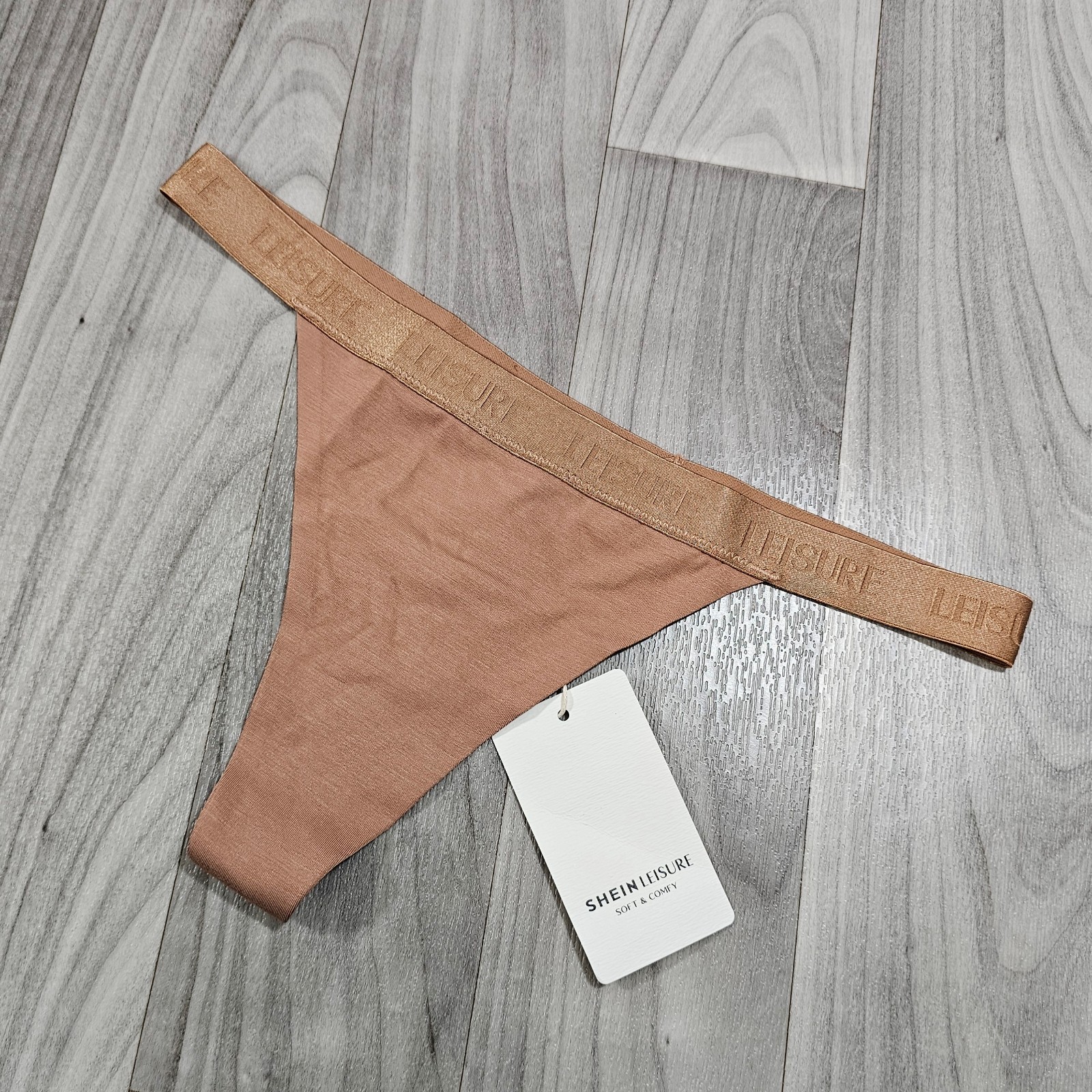 SHEIN Leisure Beige Seamless Viscose Blend Thong Panty, Size M