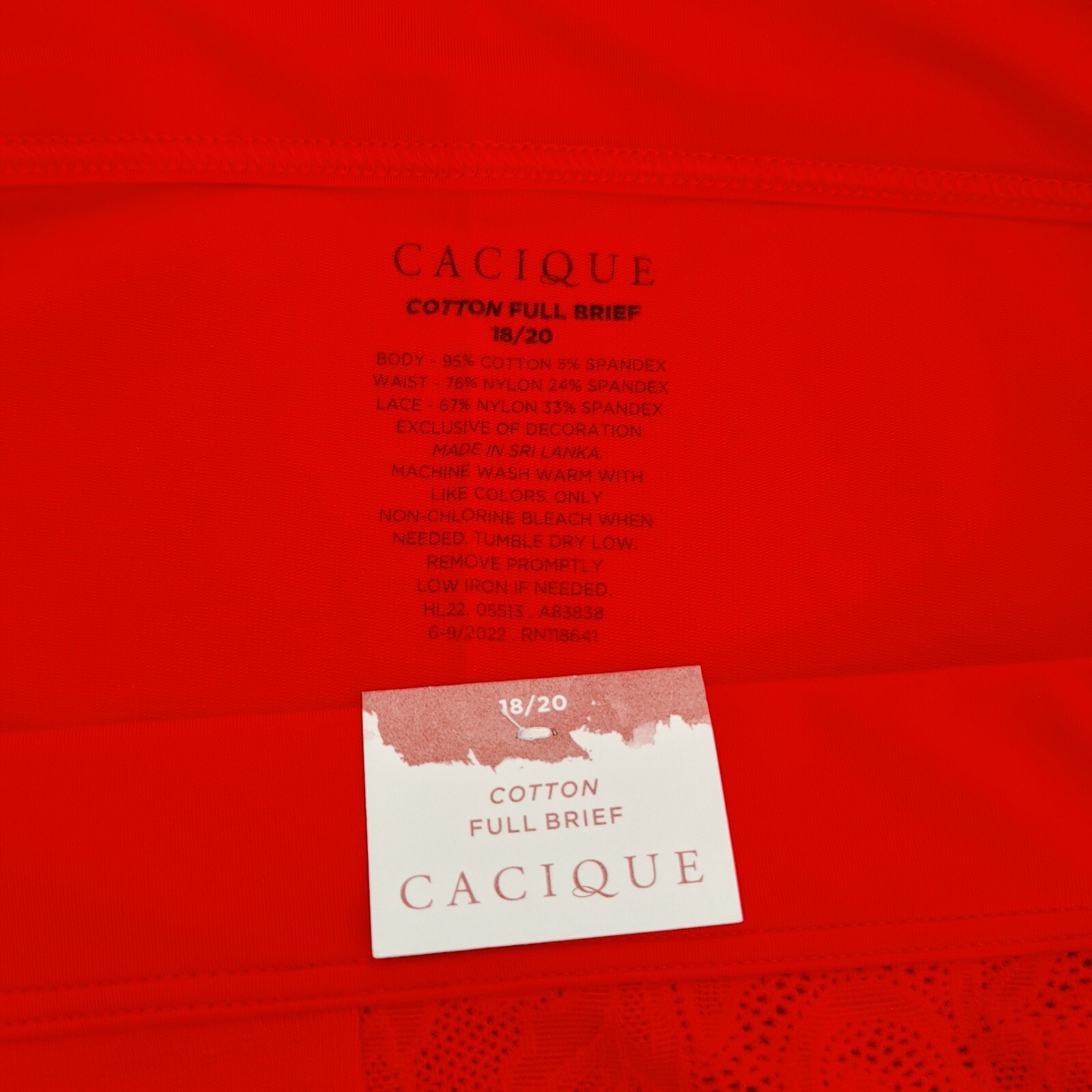 LANE BRYANT CACIQUE PLUS 18/20 COTTON FULL BRIEF PANTY BRIGHT RED W/ LACE SIDES