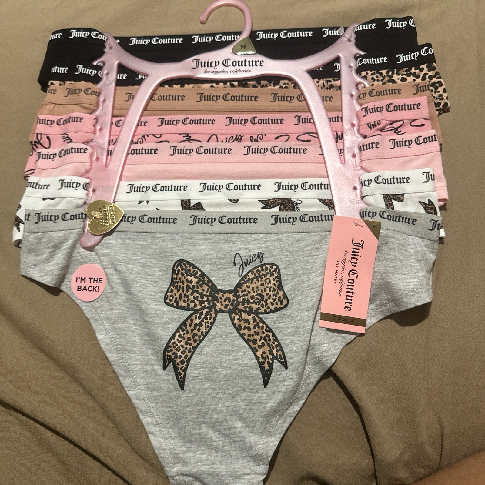 JUICY COUTURE SET of 7 pack bikini panties Size XL Cotton Multicolor Bow prints