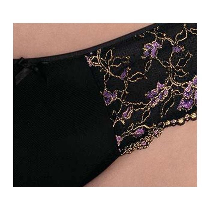 Rosa Faia High Waisted Brief UK32 Black W Gold/Lilac Floral Embroidery RRP £39