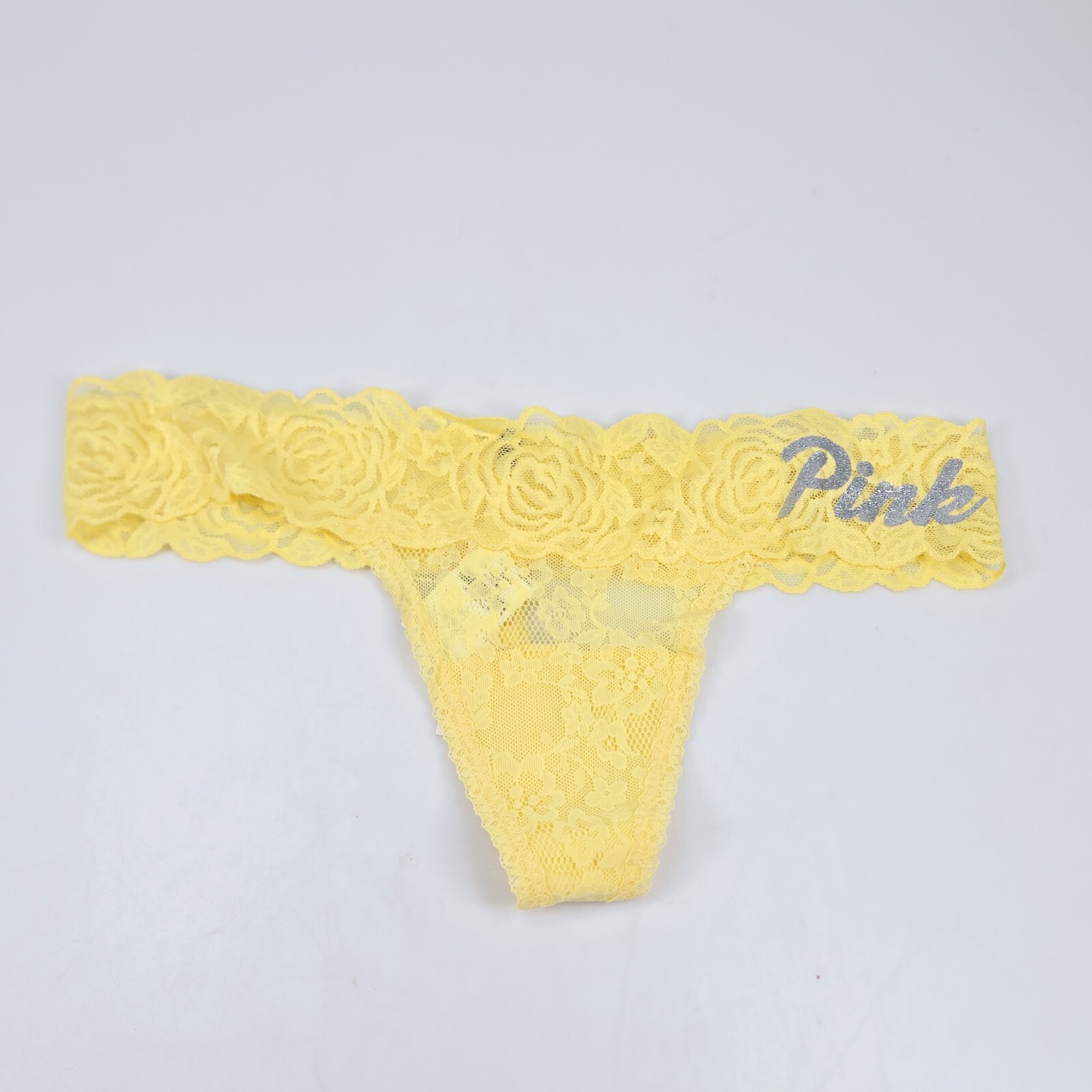 Victorias Secret Pink Soft Lace Thong Glitter Logo Size Large NWT Yellow L