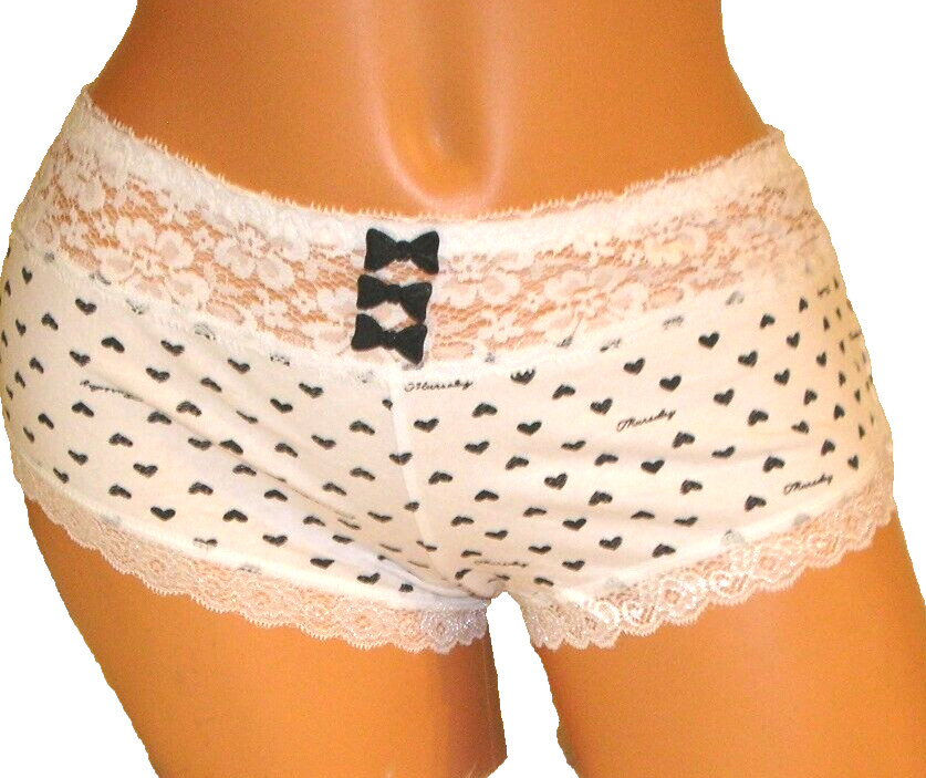 Panties Lingerie Lace Trim White Black Heart Print Hipster XL / XXL Adult Gift