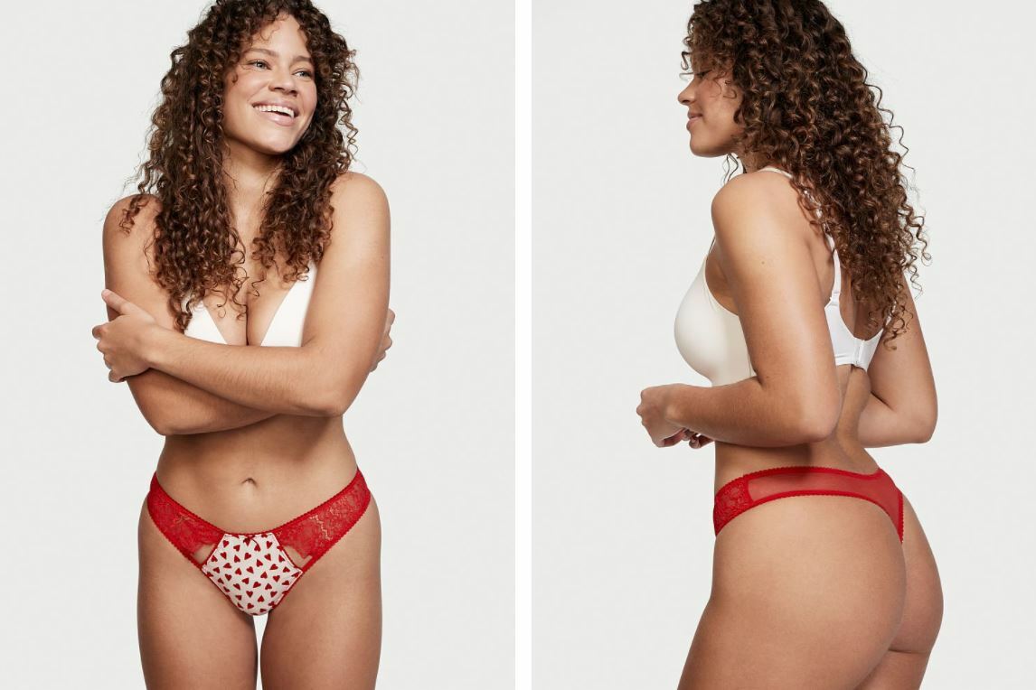 Victorias Secret Thong Panties Red Heart Print Lace Silky Cut-Outs Size S-L NWT