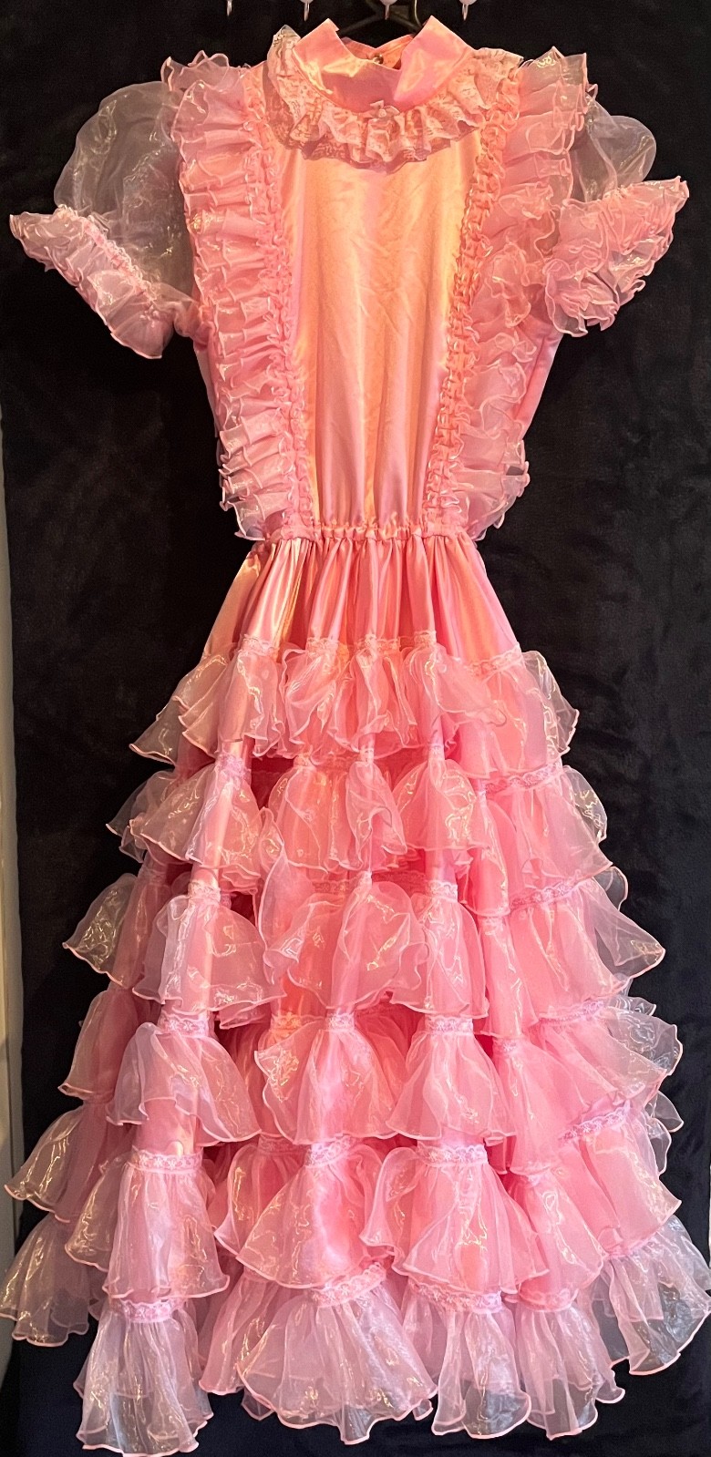 HulaKula Cute Pink Satin Organza Frilly Puff Sleeve Long Dress Sissy CD TV
