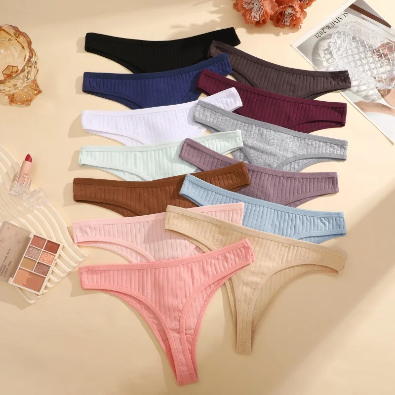 Low Rise Cotton Thong Panties Ribbed Stretch Breathable Soft Comfortable 6PCS