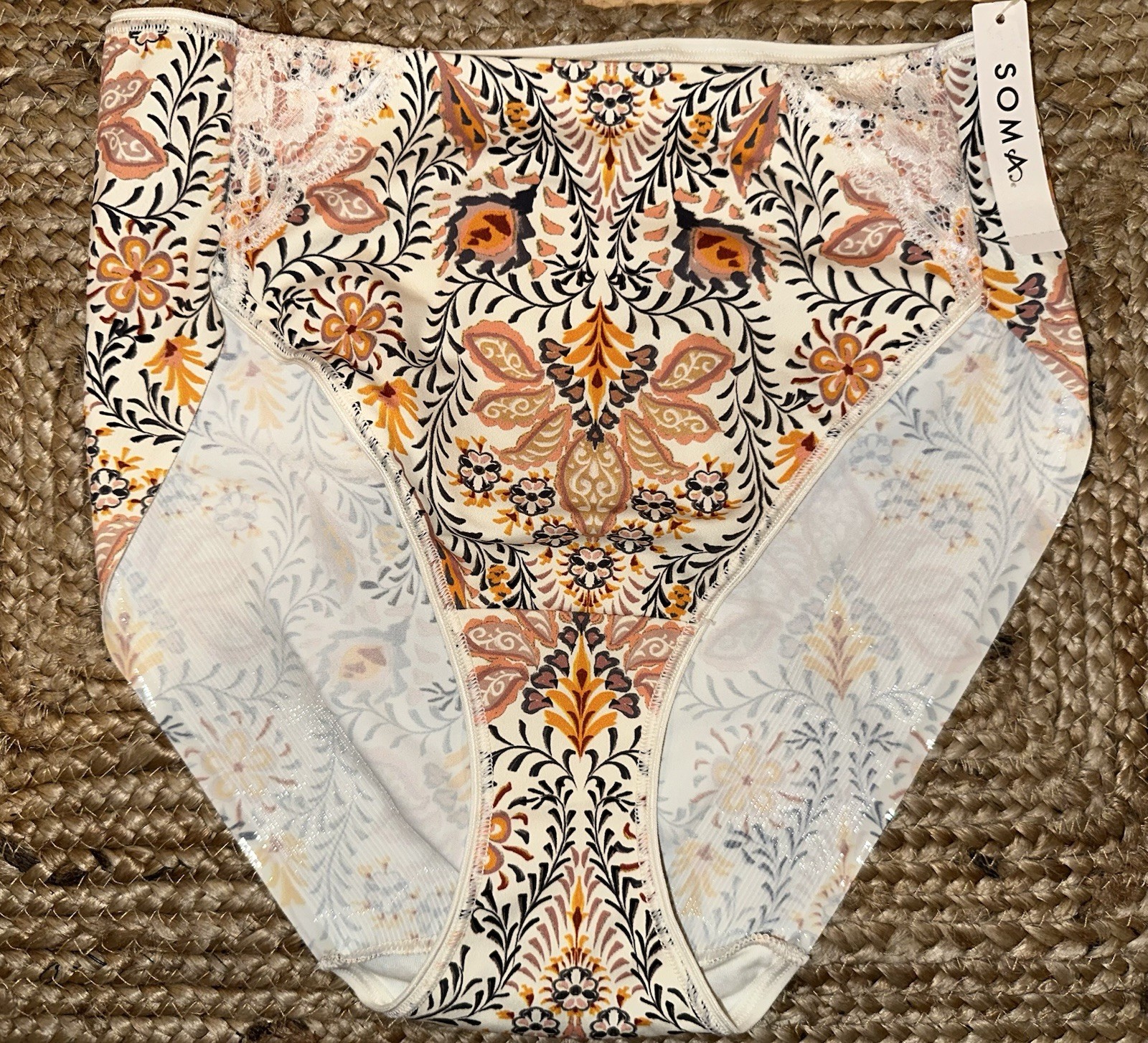 NEW SOMA Vanishing Tummy High-Leg Brief Panty With Lace Vine Paisley Large NWT