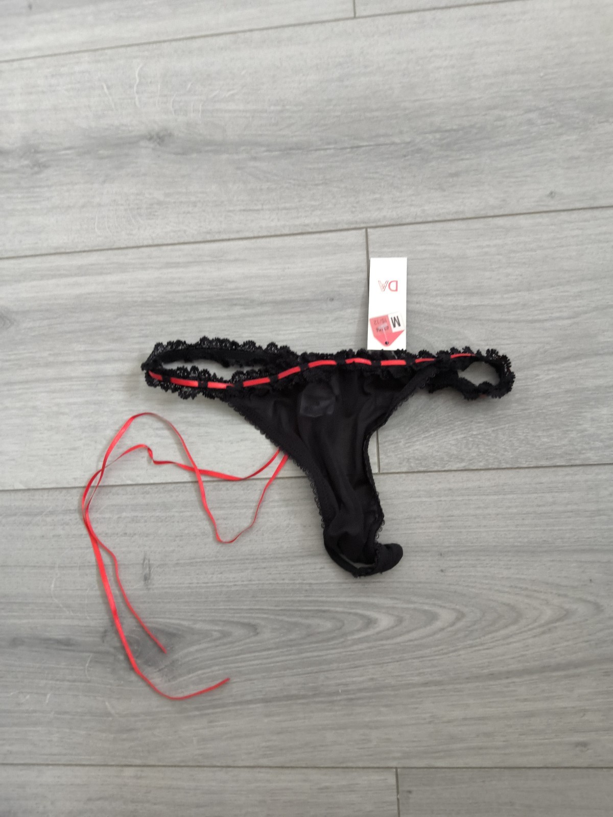 BNWT Vintage Daniel Axel Sheer Black Mesh & Ribbon Slotted Lace Thong Size 8-10