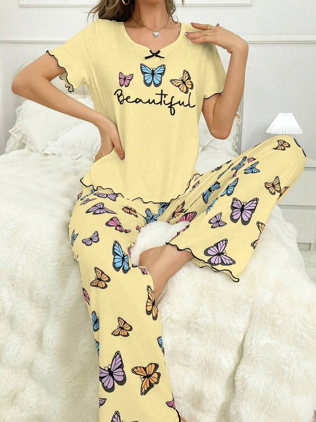 Butterfly Print Ruffle Top with Short Sleeve and Pants Ladies Pyjama Set Cheap24