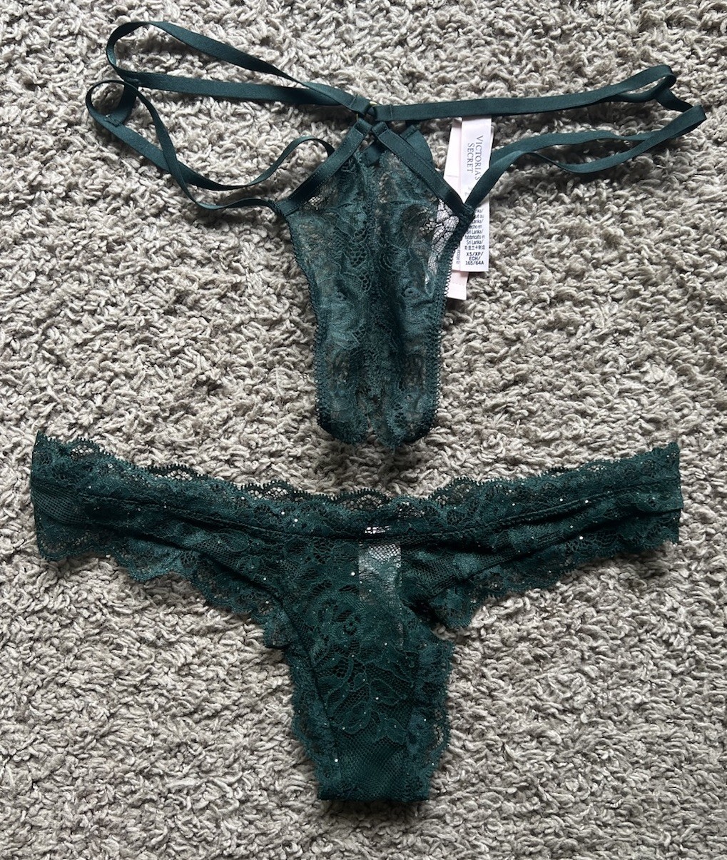 NWT Victoria’s Secret Lot Of 2 Thong Panties Dark Green Lace Crotchless Size XS