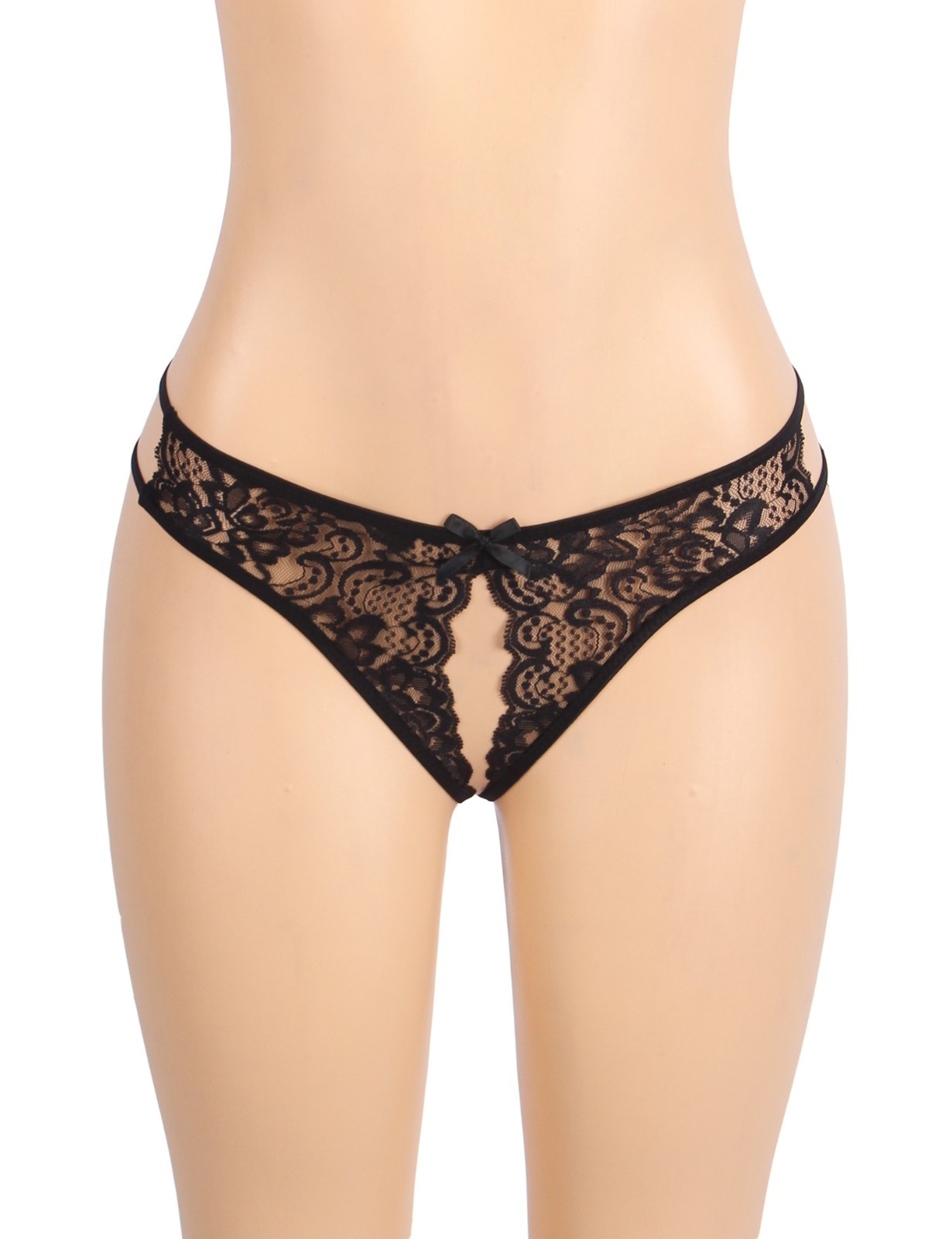 WOW BABE Black Floral Lace Bow Detail Open Crotch French Knickers Panty Size 10