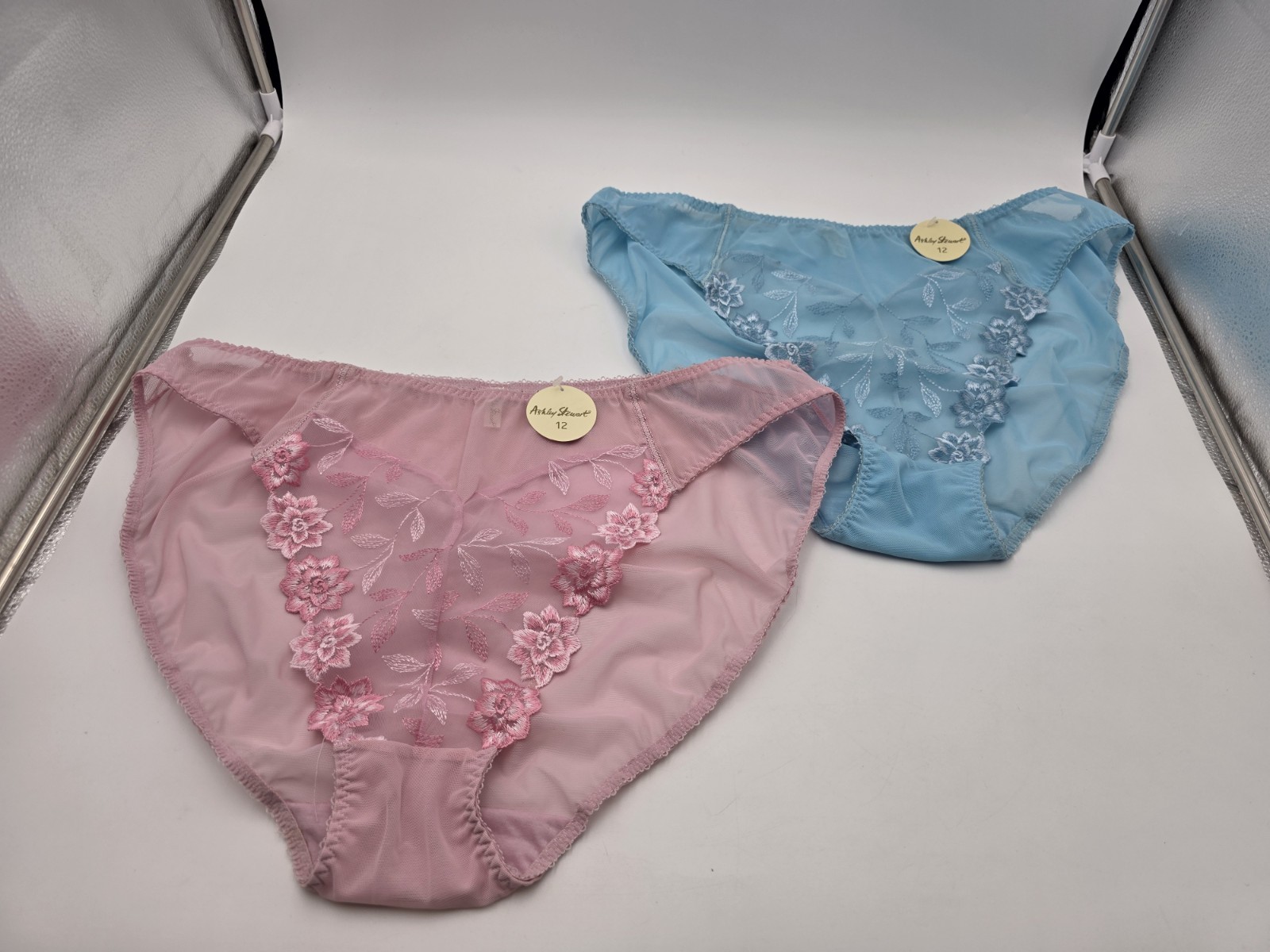 2 Pr NWT Sz 12 Ashley Stewart Plus Panties Hi Cut Sheer Lace Blue & Pink