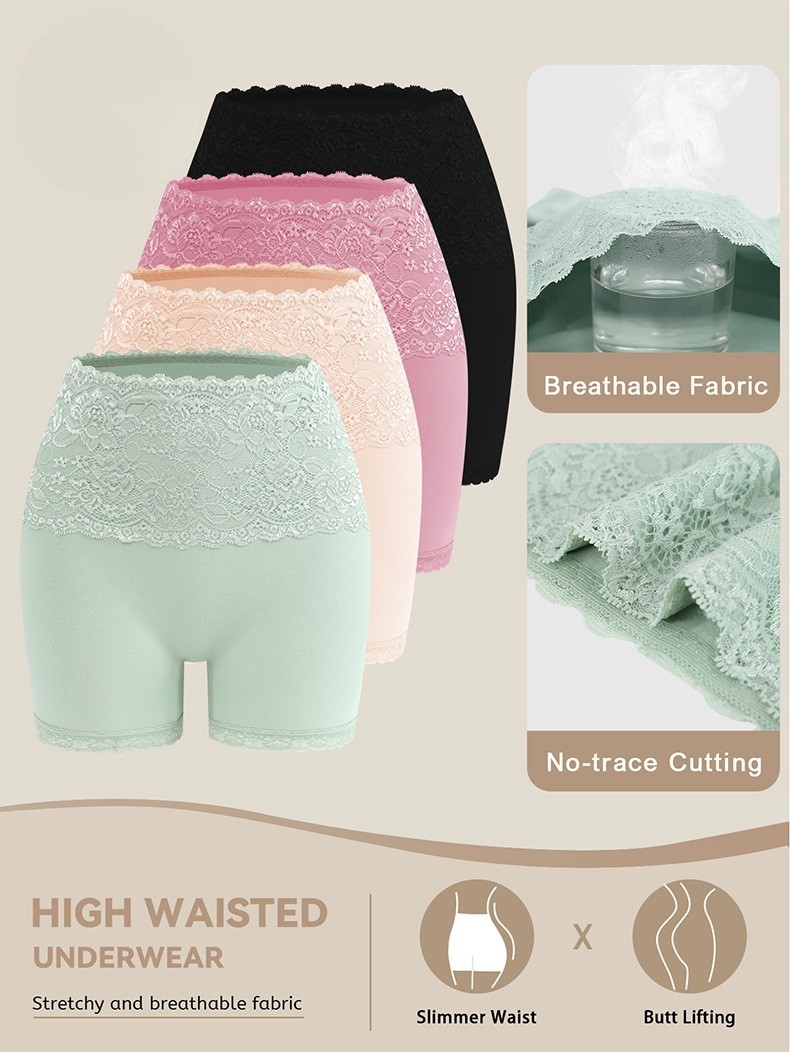 2 Pack High Waist Lace Cotton Boyshorts Anti Exposure Safety Underwear for Women