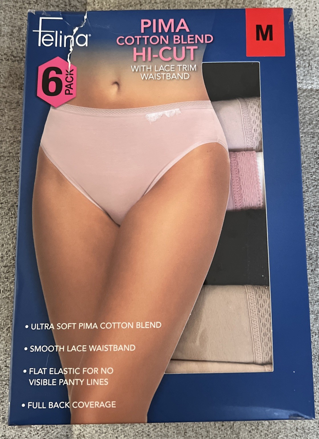 Felina Pima Cotton Blend Hi-cut with Lace Trim Waistband 6 Pack