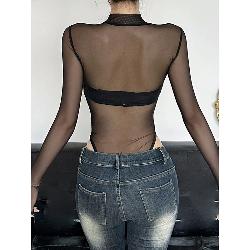 New spicy girl snake print perspective sexy splicing round neck mesh bodysuits