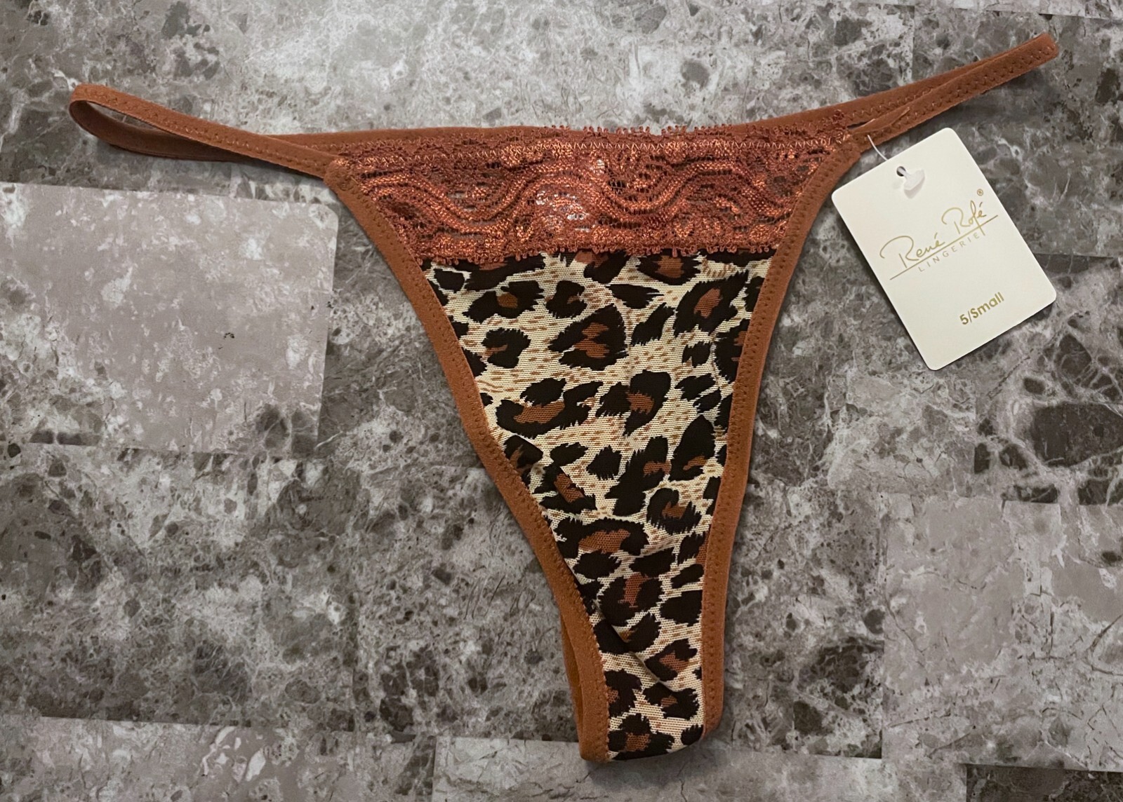NWT RENE ROFE SMALL 5 LEOPARD CHEETAH MESH LACE VINTAGE RARE THONG PANTIES